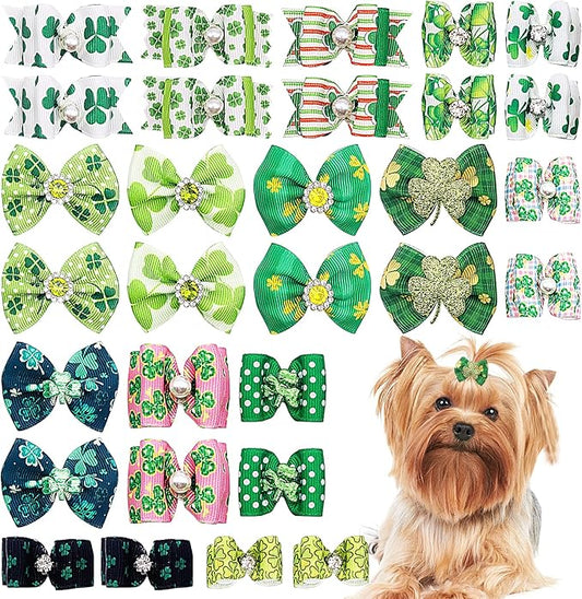 PET SHOW 20pcs St. Patrick's Day Small Dog Hair Bows with Rubber Bands for Medium Dogs Green Clover Puppies Cats Kittens Rabbits Topknot Grooming Costumes Hair Accessories