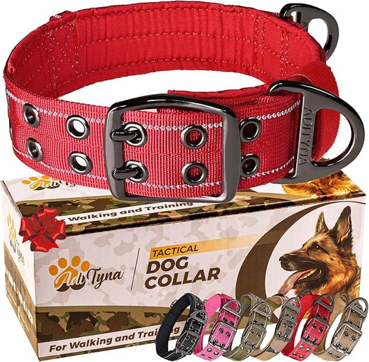 ADITYNA Heavy Duty Dog Collar for Medium Dogs - Reflective Red Collar with Handle for Training, and Walking - Wide, Thick, Tactical, Soft Neoprene Padded