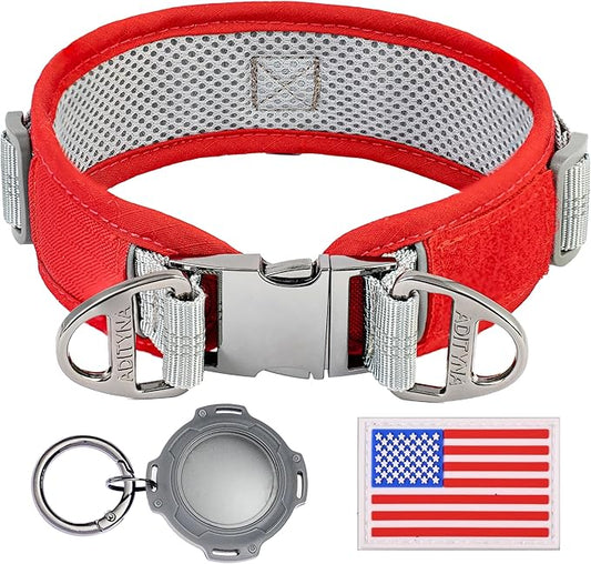 Durable 2-inch Adjustable Dog Collar with AirTag Holder for Large Dogs – Reflective, Heavy-Duty Metal Buckle, Comfortable Mesh Lining, Includes US Flag Patch (Red, Large: Fit 18" - 23" Neck)