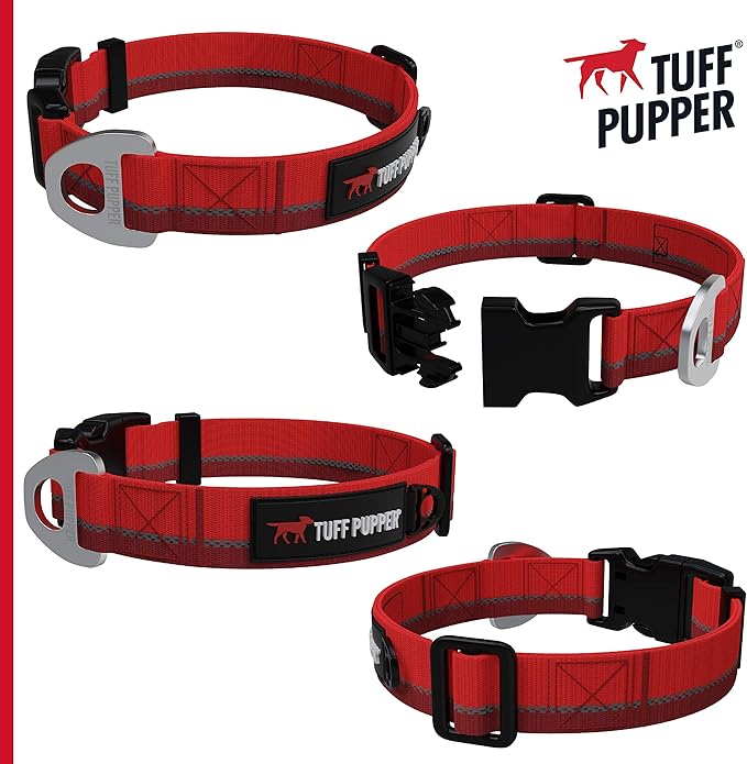 Tuff Pupper Heavy Duty Dog Collar | Reflective with Aluminum D-Ring Leash Clip | Separate Dog ID Tag Attachment | Easy Sizing for All Breeds