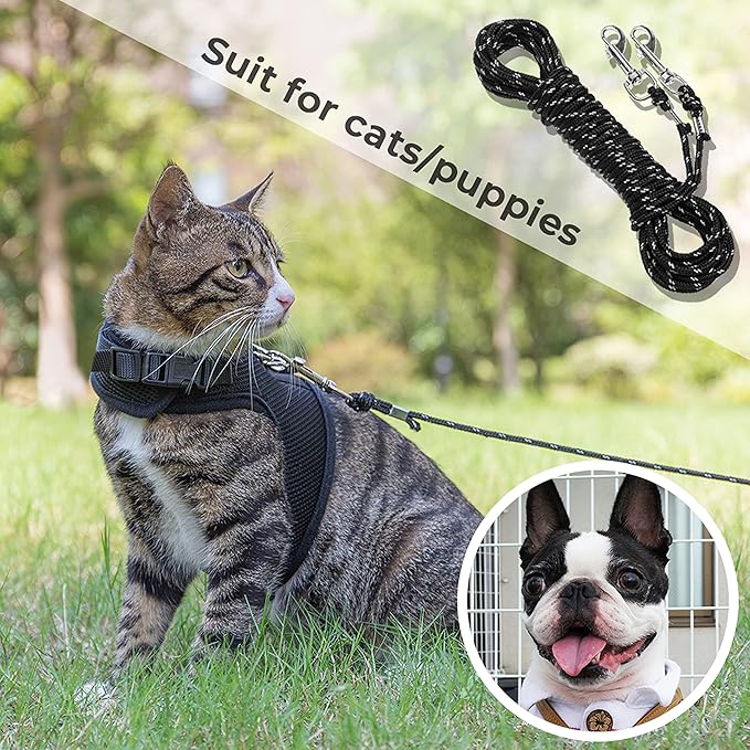 Reflective Cat Leash, 15ft Escape Proof Walking Lead Yard Long Leash, Extender Leash Training Playing Outdoor for Cats Puppy Kitten Small Dogs Rabbit Small Animals