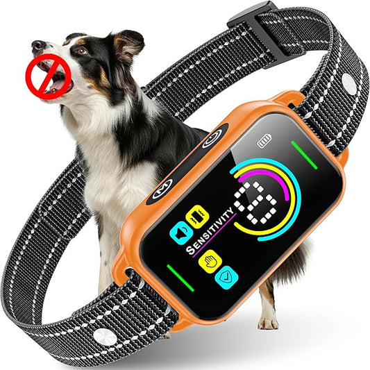 DINJOO Bark Collar, Dog Bark Collar for Large Medium Small Dogs,Smart Bark Collar,Rechargeable Anti Barking Training Collar with 8 Adjustable Sensitivity,Bark Collar with Beep (Orange)