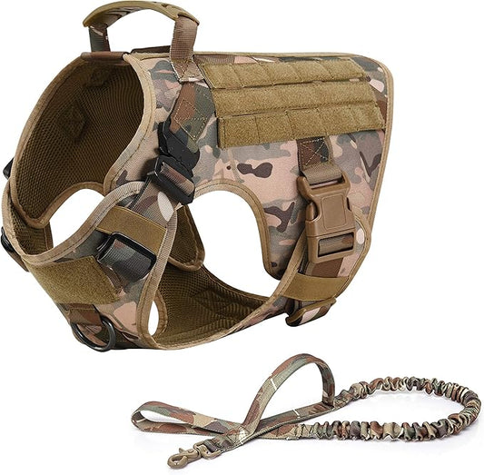 Tactical Dog Harness Vest with Handle Military Working Training Molle Vest with Metal Buckles & Loop Panels Free Bungee Dog Leash (L, Camouflage Harness with Leash)