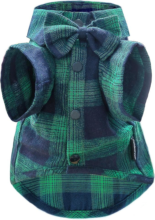 Soft Casual Dog Plaid Shirt,Gentle Dog Western Shirt Pet Clothes, Dog Cotton Shirt with Bow Tie for Wedding,Christmas Costumes (Medium, Green&Blue)