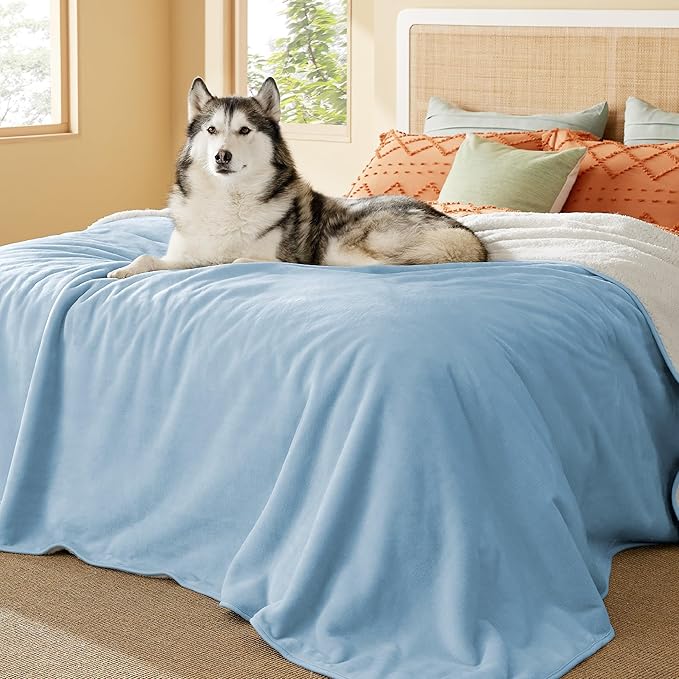 Bedsure Waterproof Blanket for Bed - Sherpa Fleece Waterproof Dog Blankets for Large Dogs, Pet Blankets for Bed/Couch/Dog Crate, Soft Plush Reversible Furniture Protector, King, 108"x86", Light Blue