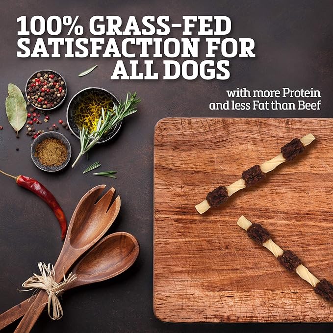Rawhide Dog Treats - Healthy, Grass-Fed Buffalo Jerky Raw Hide Chews - Hickory Smoked Flavor - Jerky Kabob, 18 Count