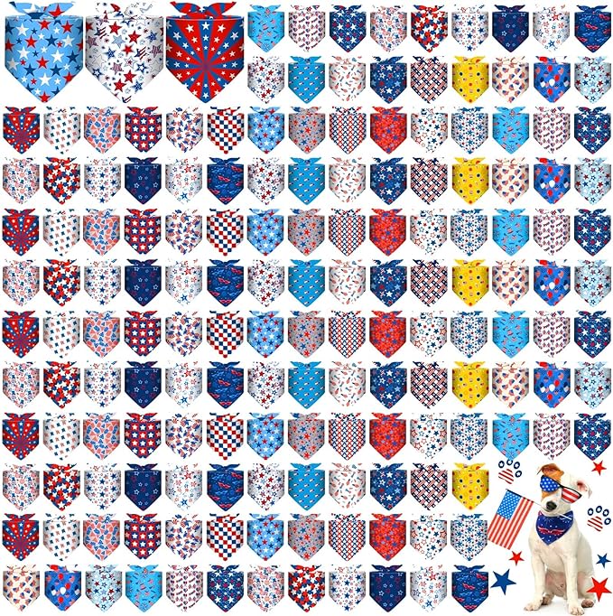 Aliceset 180 Pcs 4th of July Dog Bandanas Bulk Patriotic Dog Bandanas Independence Day Pet Scarf Bibs Soft Triangle Scarf Flag Neckerchief Adjustable Holiday Scarves for Small and Medium Pet