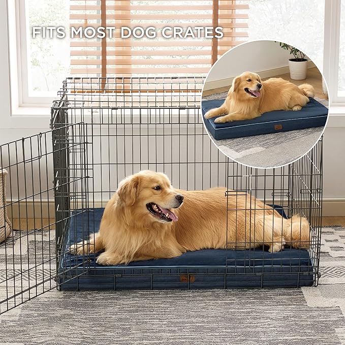Bedsure Memory Foam Dog Crate Bed for Extra Large Dogs - XL Orthopedic Waterproof Pet Beds with Removable Washable Water-Resistant Cover and Nonskid Bottom - Plush Flannel Fleece Top Pet Mat, Navy
