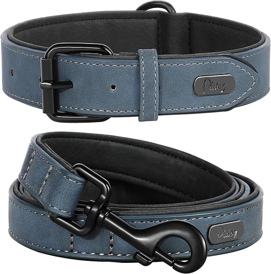Didog Soft Padded Leather Dog Collar and Leash Set, Heavy Duty Dog Leash and Collar Set with Metal Buckle, Breathable Dog Collars with 4FT Faux Leather Dog Leash for Small Medium Large Dogs, Blue, XL