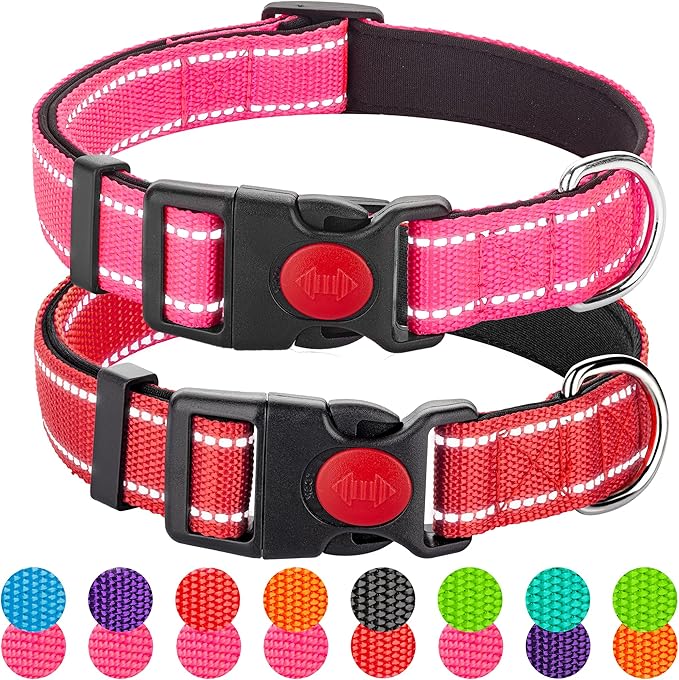 2 Pack Reflective Dog Collars for Medium Large and Small Breed Dogs Male Female,Padded Soft Durable Nylon Neoprene Collar for Puppy Dogs Girl Boy with Quick Release Safety Buckle,Pink,Red,L