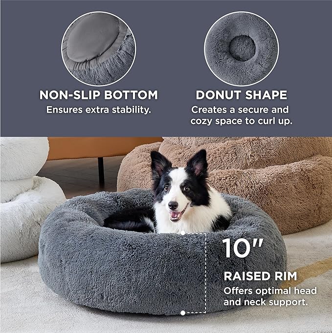 Bedsure Calming Dog Bed for Large Dogs - Donut Washable Large Pet Bed, 36 inches Anti-Slip Round Fluffy Plush Faux Fur Dog Bed, Fits up to 100 lbs Pets, Dark Grey