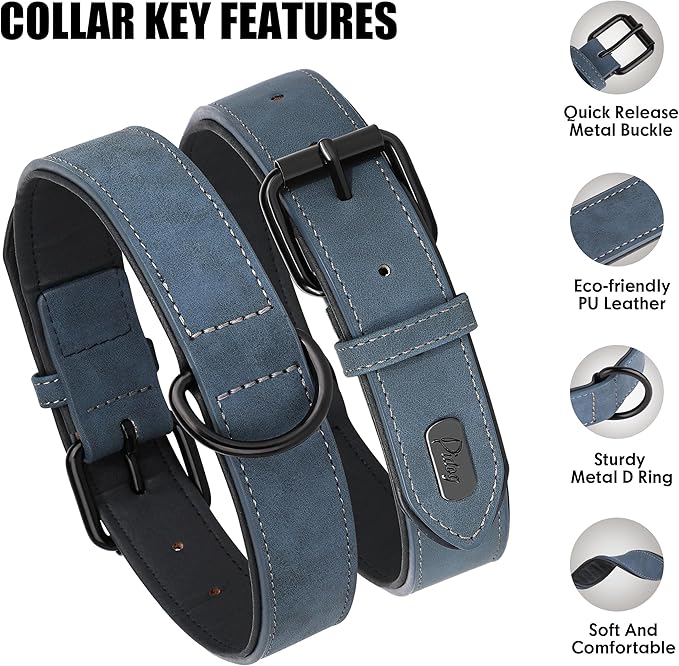 Didog Soft Padded Leather Dog Collar, Breathable Heavy Duty Dog Collar Faux Leather with Adjustable Rust-Proof Metal Buckle for Small Medium Large Dogs, Blue, XL Fit Neck 17-21"(44-71 lbs)