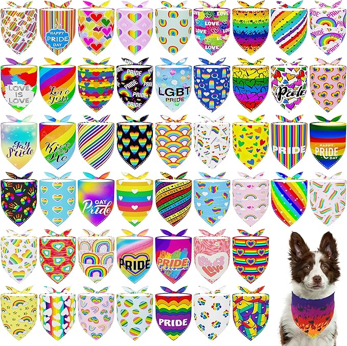 50PCS Pride Day Dog Bandanas Large Bulk for Large Extra Large XL XXL Boys Girls Adjustable Triangle Bibs Scarves Kerchief Grooming Celebration Accessories