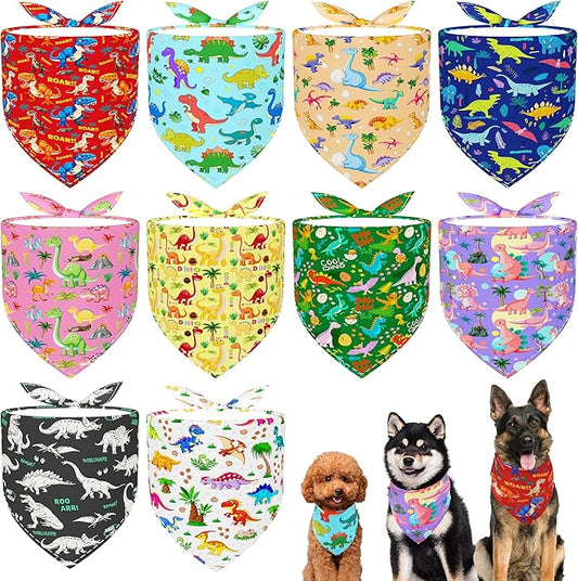10PCS Dinosaur Dog Bandanas Pack for Small XS Breed Dog Pink Purple Yellow Blue Kerchief Triangle Bibs Scarves for Boys and Girls Grooming Costume