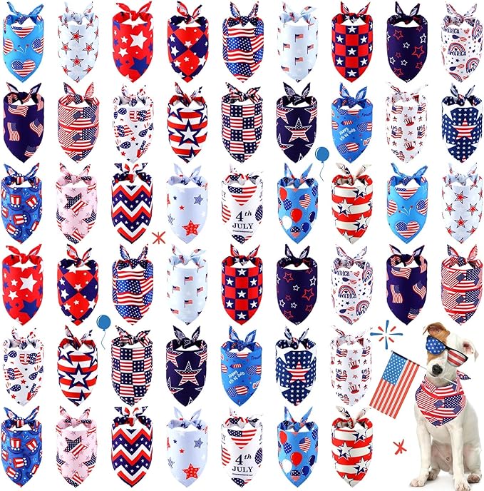 Sumind 50 Pieces Patriotic Dog Bandanas Bulk America Flag Bandanas for Dogs Triangle Pet Scarf for 4th of July Independence Day Memorial Day Pet Costume Accessories(25.6 x17.7 x 17.7 Inch)