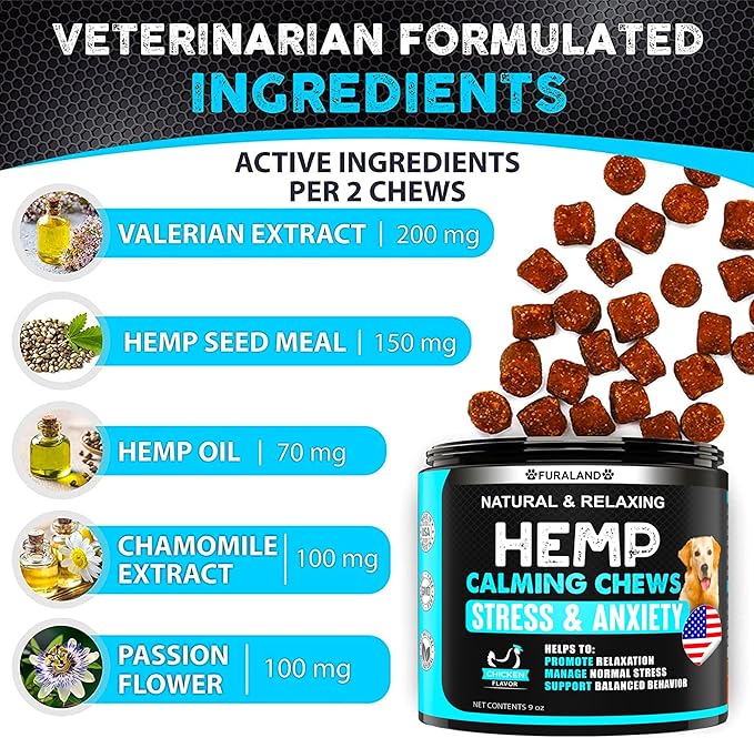 FURALAND Hemp Calming Chews for Dogs Anxiety - 170 Dog Calming Treats - Anxiety Relief Treats - Hemp Oil - Sleep Aid - Advanced Health Joint Support Supplement - Made in USA