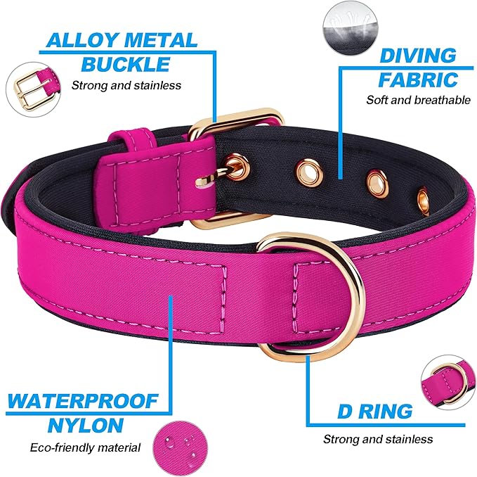 Didog Soft Padded Dog Collars for Medium Dogs, Lightweight and Breathable Dog Collar Waterproof with Metal Buckle, Rose Purple, L
