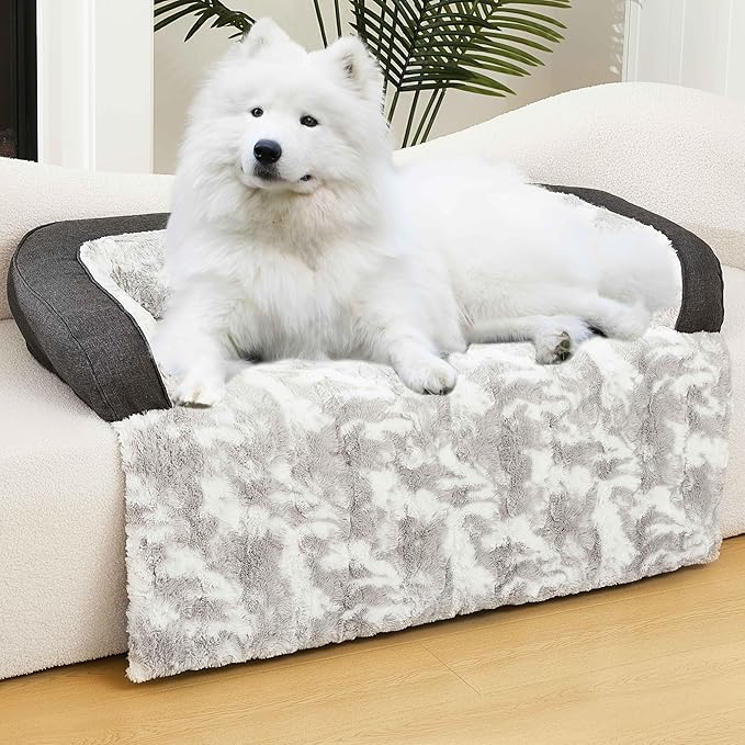 Calming Dog Couch Bed Mat, 53x39 Inch Waterproof Fluffy Sofa Cover, Furniture Protector with Handle, Removable and Washable Pet Bed for Large Dogs and Cats (Grey)