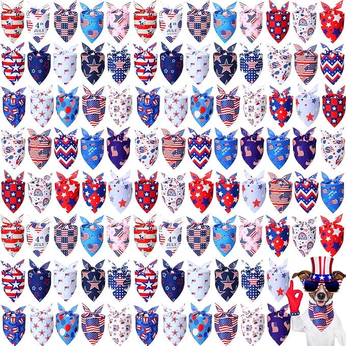 Sumind 100 Pieces Patriotic Dog Bandanas Bulk Bibs Triangle Scarf Star Bandanas for Dogs with Independence Day Patterns for Independence Day Pet Costume Accessories Decoration(Small)