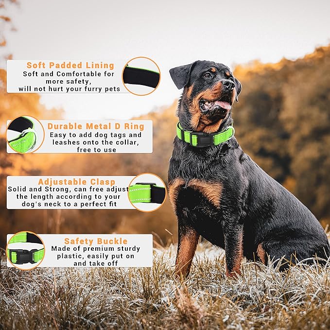 2 Pack Reflective Dog Collar with Safety Locking Buckle, Adjustable Soft Breathable Comfortable Nylon Pet Collar for Small, Medium and Large Dogs, Green, XS