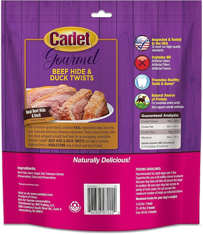 Cadet Gourmet Beef Hide Twist Chew Sticks, Long Lasting & Natural Chew Treats for Dogs, Inspected & Tested in USA, Duck Flavor (50 Count)