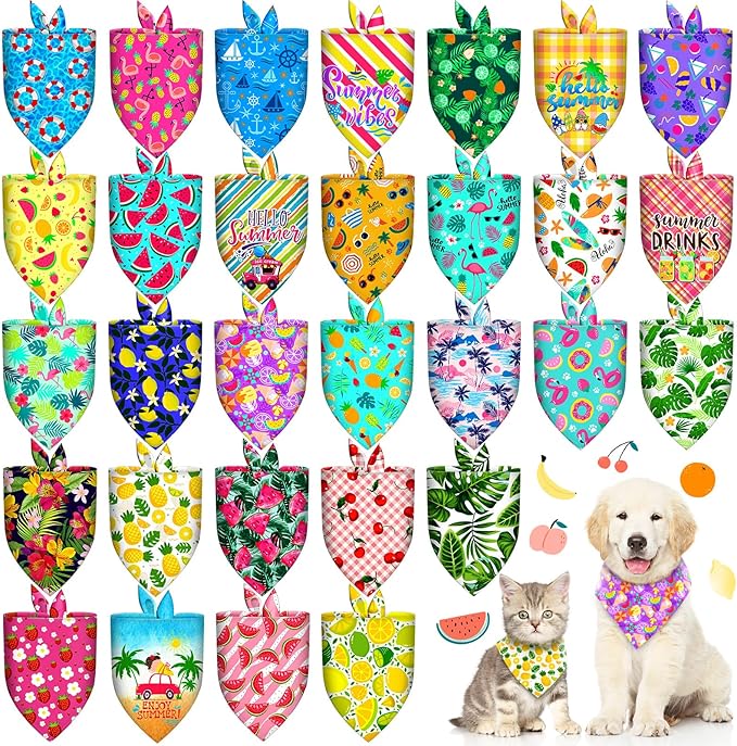 30Pcs Summer Dog Bandanas Bulk Hawaiian Dog Scarves Hawaii Fruit Triangle Puppy Bandanas Washable Adjustable Pet Bandana for Small Medium Large Dog Puppy Pet Grooming Accessories