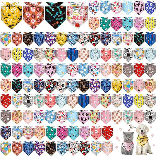 Amylove 120 Pcs Dog Bandanas Bulk Holiday Triangle Dog Pack Puppy Kerchief Bandana Adjustable Pet Scarf for Pet Cat Costume Accessories Decor Summer(Cartoon)