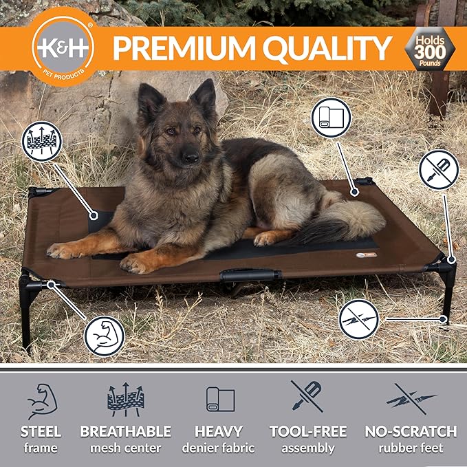 K&H Pet Products Outdoor Elevated Dog Cot, Breathable Cooling Elevated Cot Hammock Pet Bed for XL Dogs, Washable Mesh Cover, Raised Metal Frame, Collapsible, Portable - Extra-Large 50 X 32 Chocolate