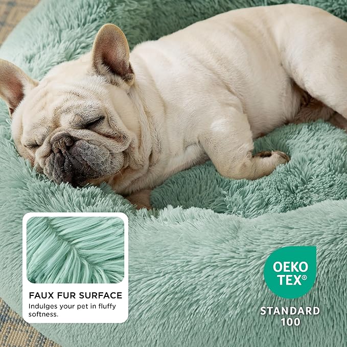 Bedsure Calming Dog Bed for Medium Dogs - Donut Washable Medium Pet Bed, 30 inches Anti-Slip Round Fluffy Plush Faux Fur Cat Bed, Fits up to 45 lbs Pets, Garden Green