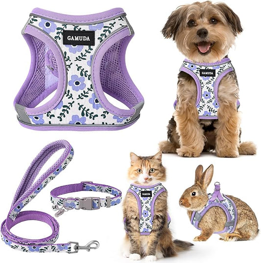 GAMUDA Small Dog Harness Collar and Leash Set, Step in No Chock No Pull Soft Mesh Adjustable Dog Vest Harnesses Plaid Reflective for Dogs Puppy Cats Kitten Rabbit (Purple Flower, XXS)