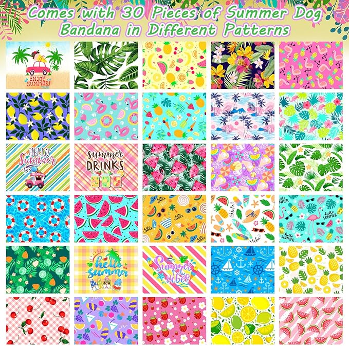30Pcs Summer Dog Bandanas Bulk Hawaiian Dog Scarves Hawaii Fruit Triangle Puppy Bandanas Washable Adjustable Pet Bandana for Small Medium Large Dog Puppy Pet Grooming Accessories