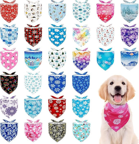 30 Pcs Winter Dog Bandanas Bulk Adjustable 25 Inch Dog Bandanas for Small Medium Large Dogs Breed Scarves Grooming M