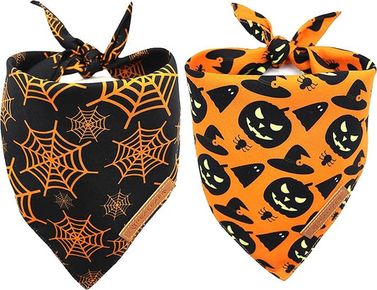 Realeaf Halloween Dog Bandanas 2 Pack, Pumpkin and Spider Web Bibs, Triangle Reversible Fall Pet Scarf, Premium Durable Fabric, Adjustable Fit (Small)