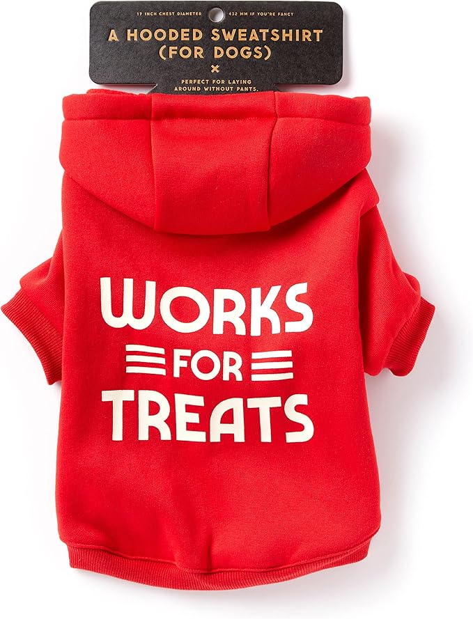 Works for Treats Dog Hoodie from Brass Monkey - Medium (22" Chest), Includes 2 White Drawstrings and Velcro Fasteners, Cute Dog Accessories with Vintage Inspired Designs, Great Gift for Dog Lovers!