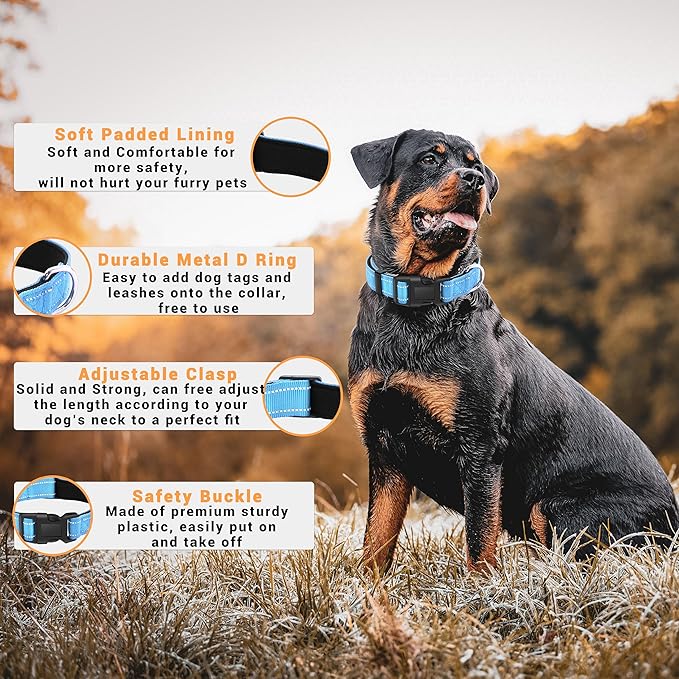 2 Pack Reflective Dog Collar with Safety Locking Buckle, Adjustable Soft Breathable Comfortable Nylon Pet Collar for Small, Medium and Large Dogs, SkyBlue, XS