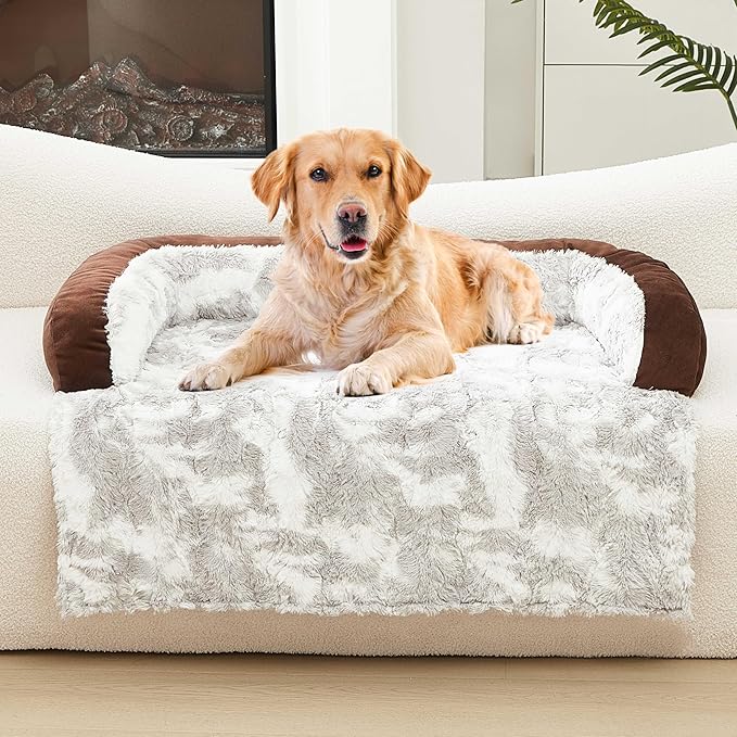 Calming Dog Couch Bed Mat, 45x37 Inch Waterproof Fluffy Sofa Cover, Furniture Protector with Handle, Removable and Washable Pet Bed for Large Dogs and Cats (Brown)
