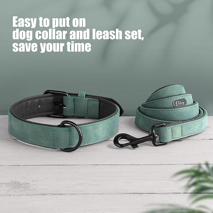 Didog Soft Padded Leather Dog Collar and Leash Set, Heavy Duty 4FT Faux Leather Dog Leash and Collar Set with Metal Buckle for Small Medium Large Dogs, Green, L