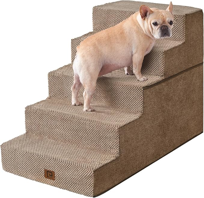 EHEYCIGA Dog Stairs for High Bed 25”H, 5-Step Extra Wide Dog Steps for Bed, Pet Steps for Small Dogs and Cats, Non-Slip Balanced Dog Indoor Ramp, Camel