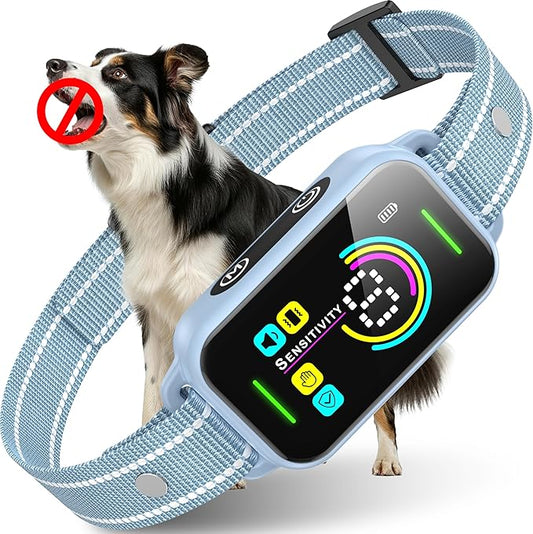 DINJOO Dog Bark Collar for Large Medium Small Dogs,Smart Bark Collar,Rechargeable Anti Barking Training Collar with 8 Adjustable Sensitivity,Bark Collar with Beep (Sky Blue)