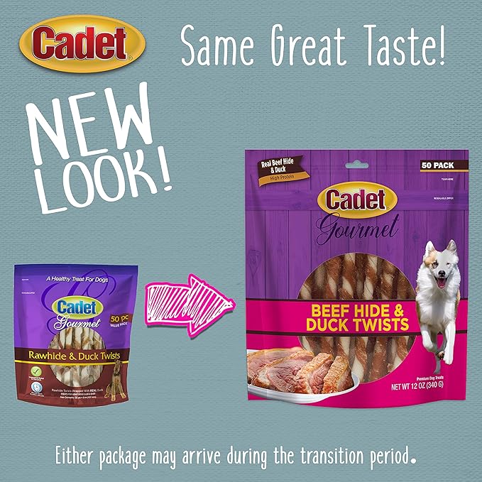 Cadet Gourmet Beef Hide Twist Chew Sticks, Long Lasting & Natural Chew Treats for Dogs, Inspected & Tested in USA, Duck Flavor (50 Count)