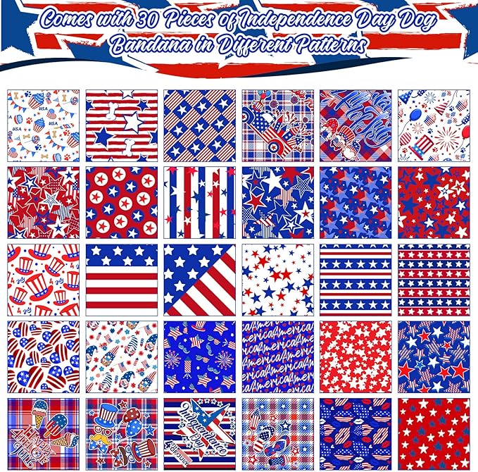 30 Pcs 4th of July Dog Bandanas Bulk American Flag Pet Scarf Triangle Bibs Holiday Puppy Bandanas Washable Adjustable Patriotic Dog Bandana for Independence Day Small Medium Large Dog Cat Pet Grooming
