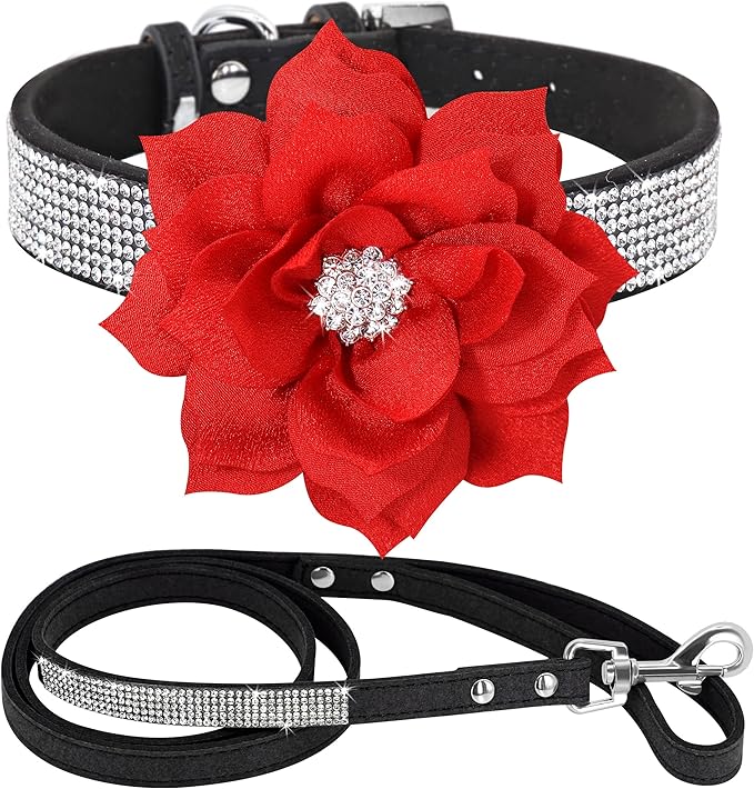 PET ARTIST Rhinestone Dog Collar and Leash Set, Sparkling Girl Dog Collars with Bling Diamonds, Soft Leather Red Puppy Collars with Cute Flower for Small Dogs Cats Walking Party Wedding,XS