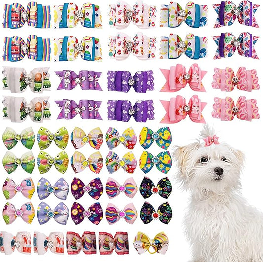 PET SHOW 20pcs Easter Small Dog Hair Bows with Rubber Bands for Medium Dogs Bunny Rabbits Puppies Cats Kittens Rabbits Yorkie Topknot Grooming Costumes Hair Accessories