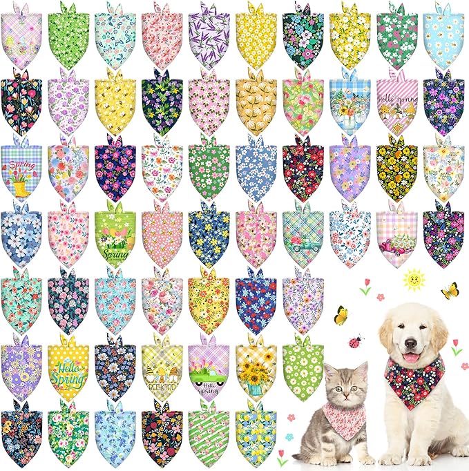 60 Pcs Spring Summer Dog Bandanas Bulk Adjustable Floral Puppy Scarves Pet Bandana Washable Flower Puppy Grooming Bandana for Mothers Day Small Medium Large Breed Dog Cat Pet Grooming Accessories