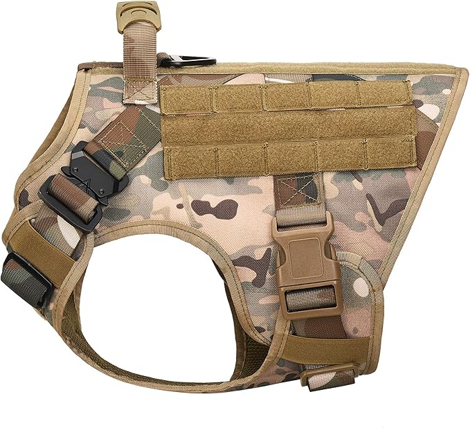 Tactical Dog Harness Vest with Handle Military Working Training Molle Vest with Metal Buckles & Loop Panels Free Bungee Dog Leash (S, Camouflage Harness with Leash)