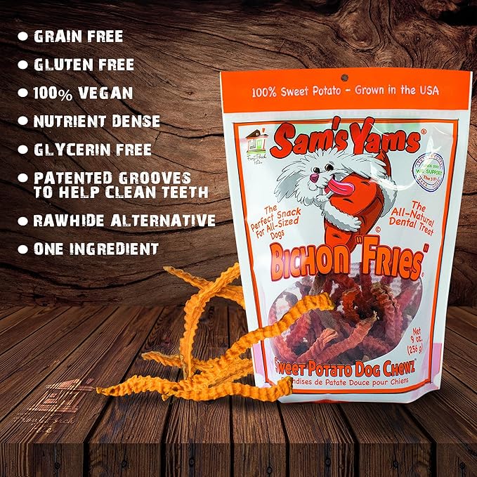 Sams Yams Sweet Potato Dog Treats - Healthy High Fiber Vegan Dental Chew for Small & Medium Dogs - 9oz (3 Packs)