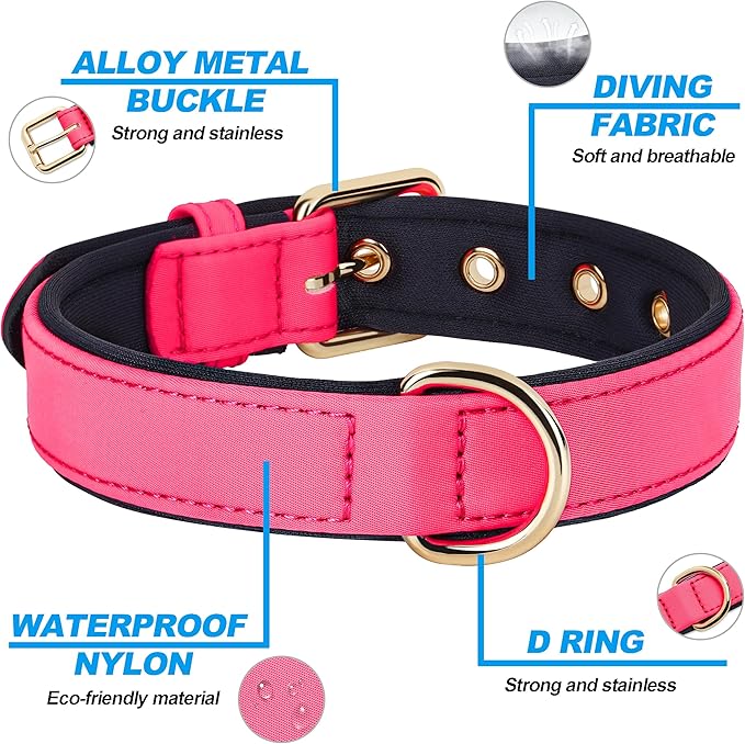 Didog Soft Padded Dog Collars for Medium Dogs, Lightweight and Breathable Pink Dog Collar Waterproof with Metal Buckle, Pink, L