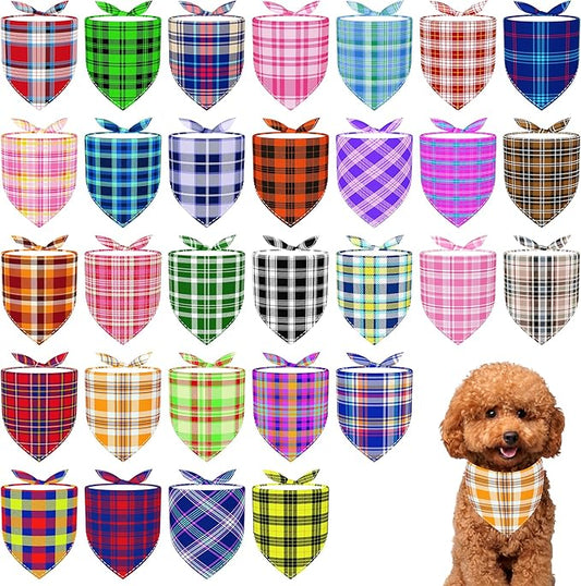30 Pcs Plaid Dog Bandanas for Small Dogs Polyester Dog Bandana Bulk Reversible Print One Side Plaid Puppy Scarves Party Grooming S