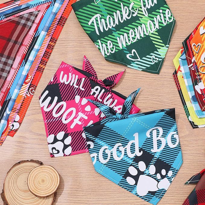 Sweetude 100 Pcs Plaid Dog Bandanas Bulk Paw Print Dog Scarf Bibs Puppy Pet Bandanas with Captions Adjustable Cat Outfit Washable Triangle Scarf Kerchief for Small to Medium