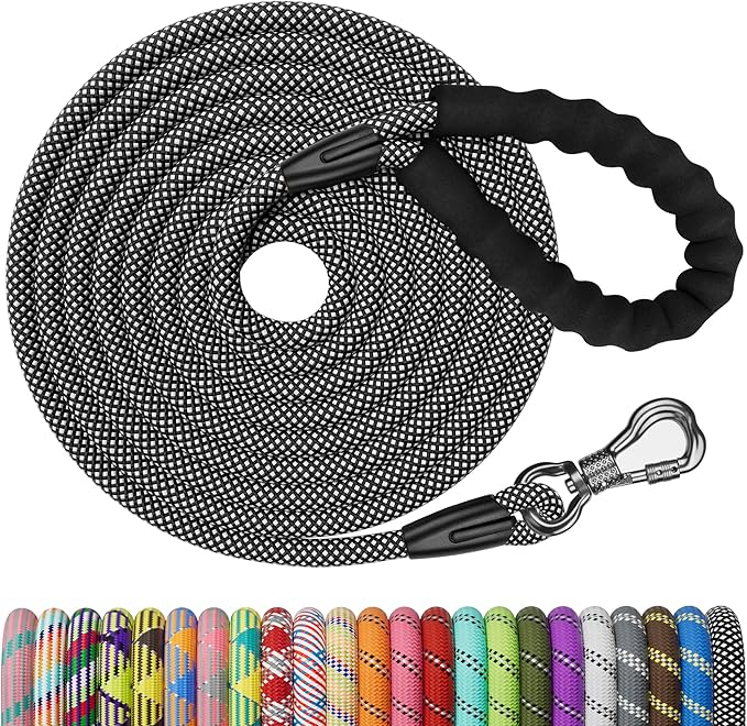 NTR 30FT Heavy Duty Leash for Dog, Rope with Swivel Lockable Hook, Reflective Thread, Padded Handle, Dog Lead line Walking, Hunting, Camping, Backyard Small Medium Large Black, 30ft*3/5/''